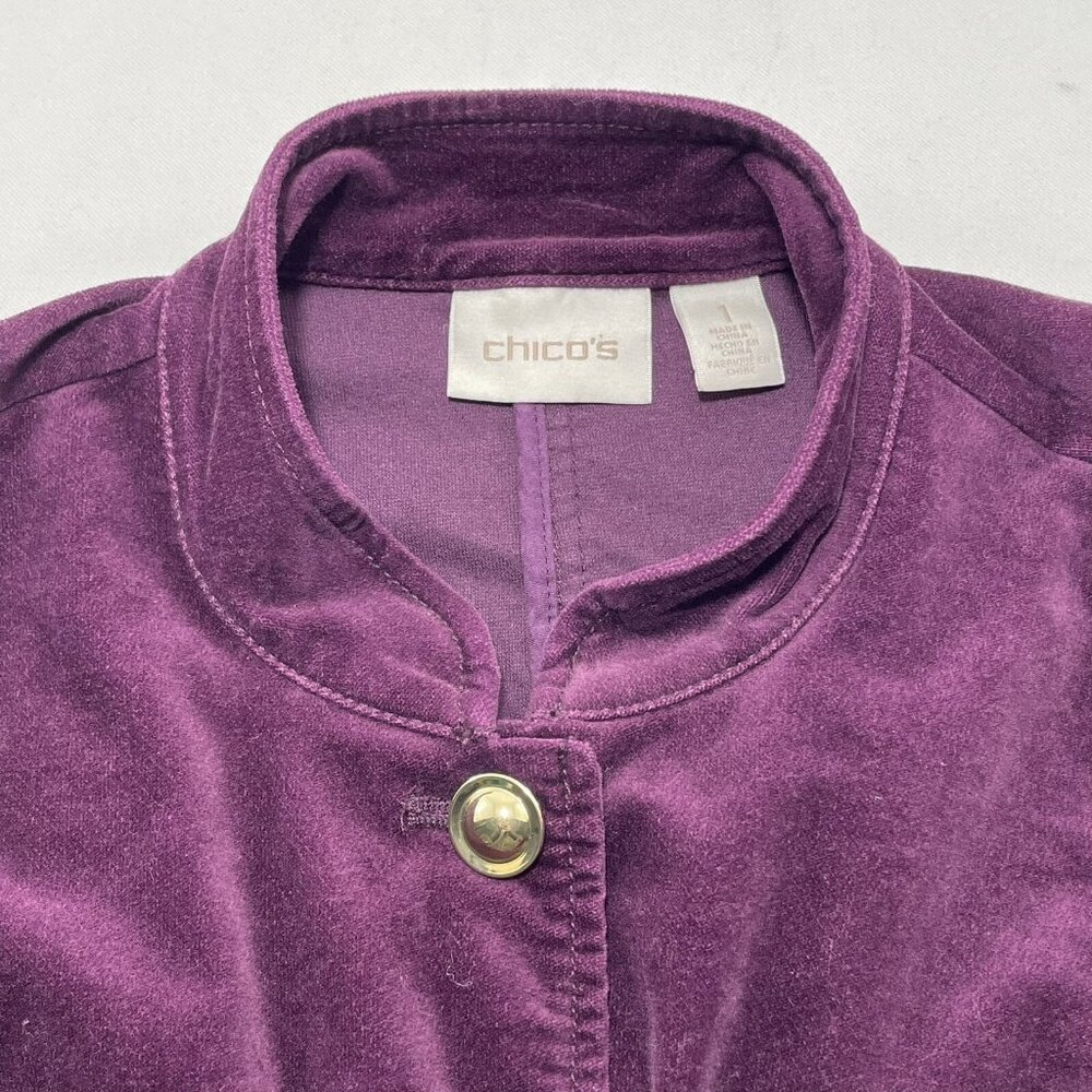 Chico Suit Jacket Coat Trench Women Size 1 Medium 8 Purple Velvet Military Retro - Picture 9 of 12
